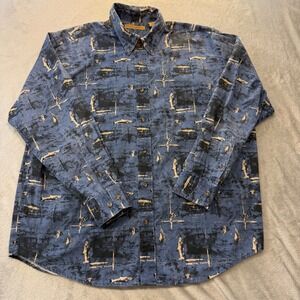 Munsingwear Mens Blue Fish Print Button Down Shirt Long Sleeve Cotton Large